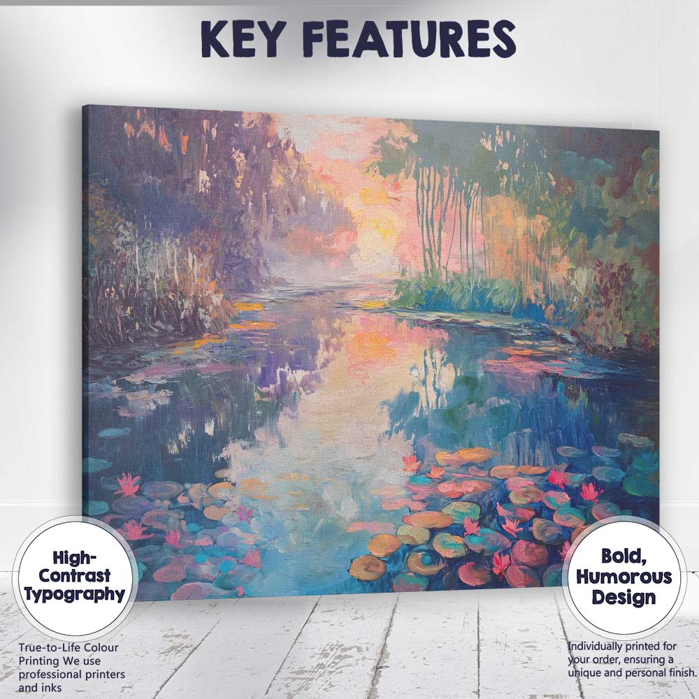 Dreamy Water Lily Pond Sunset Impressionist Landscape Canvas Wall Art Print Decor Picture Ready to Hang