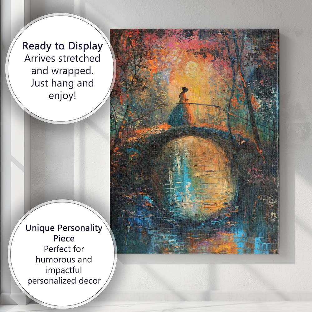 Romantic Woman on Moonlit Garden Bridge Impressionist Canvas Wall Art Print Decor Picture Ready to Hang
