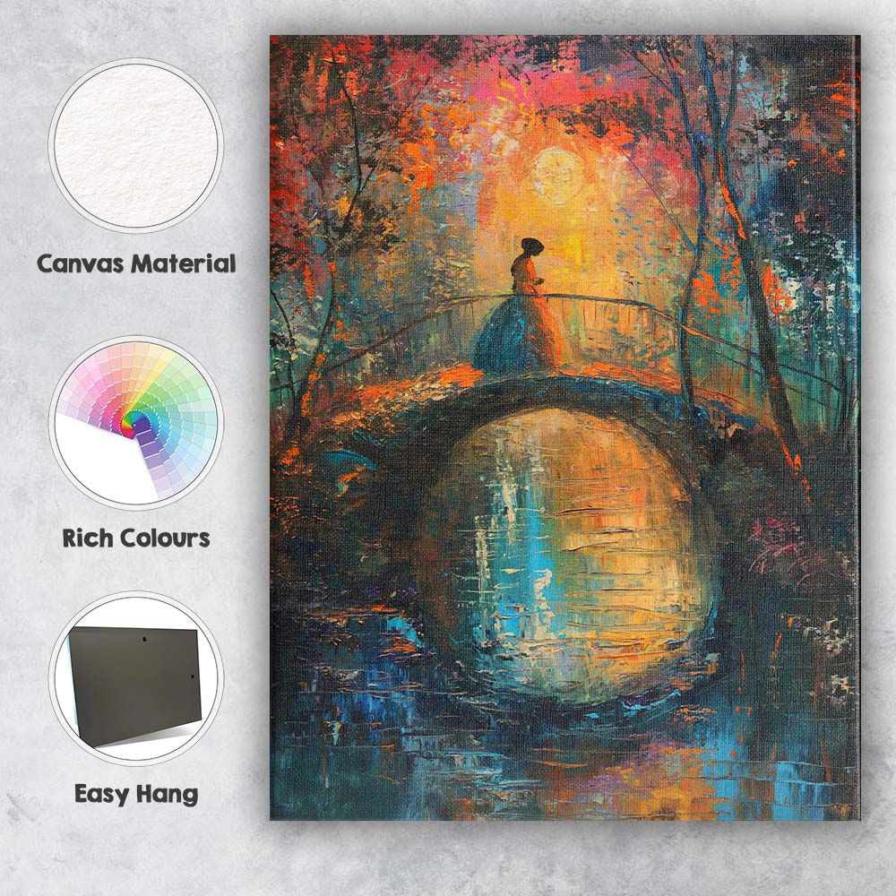 Romantic Woman on Moonlit Garden Bridge Impressionist Canvas Wall Art Print Decor Picture Ready to Hang