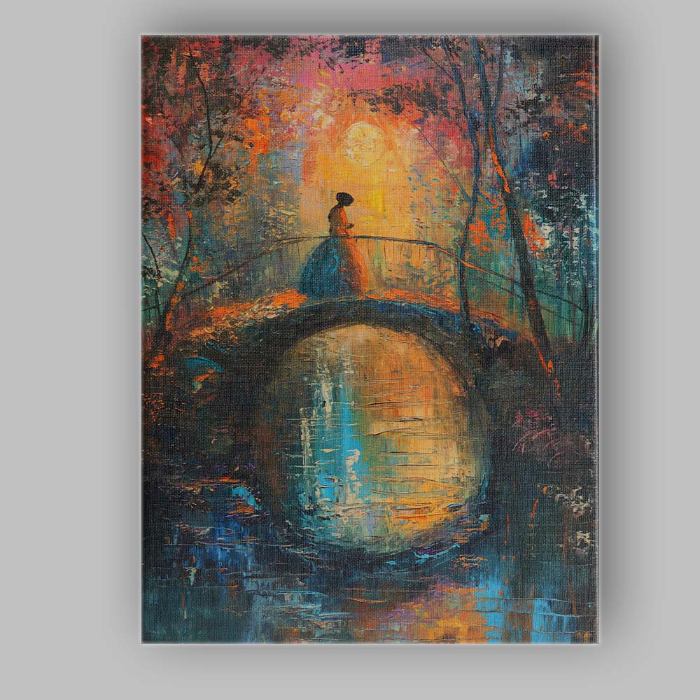 Romantic Woman on Moonlit Garden Bridge Impressionist Canvas Wall Art Print Decor Picture Ready to Hang
