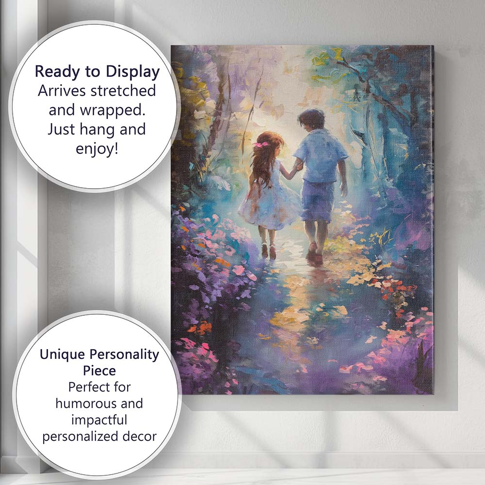 Children Walking Through Enchanted Woodland Impressionist Canvas Wall Art Print Decor Picture Ready to Hang