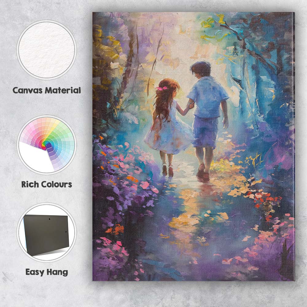 Children Walking Through Enchanted Woodland Impressionist Canvas Wall Art Print Decor Picture Ready to Hang