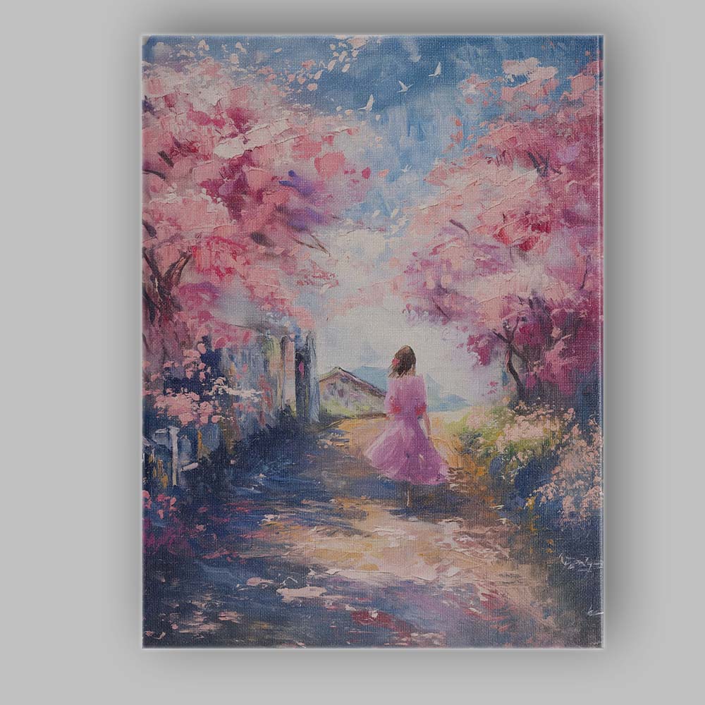 Pink Blossom Tree Country Lane Spring Landscape Canvas Wall Art Print Decor Picture Ready to Hang