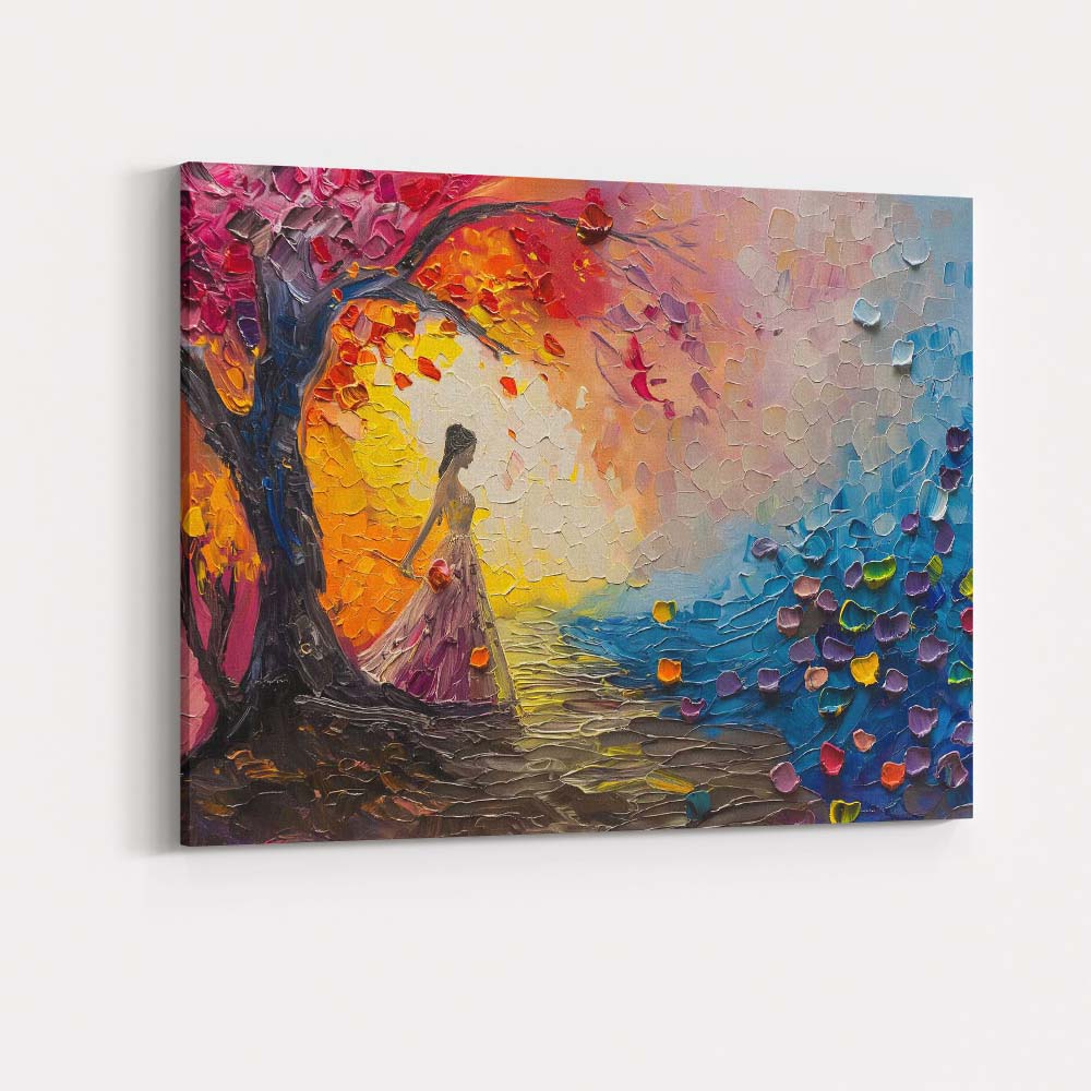 Romantic Woman by Sunset Colourful Impasto Palette Knife Painting Canvas Wall Art Print Decor Picture Ready to Hang