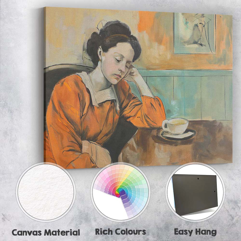 Thoughtful Woman Coffee Shop Impressionist Interior Portrait Canvas Wall Art Print Decor Picture Ready to Hang