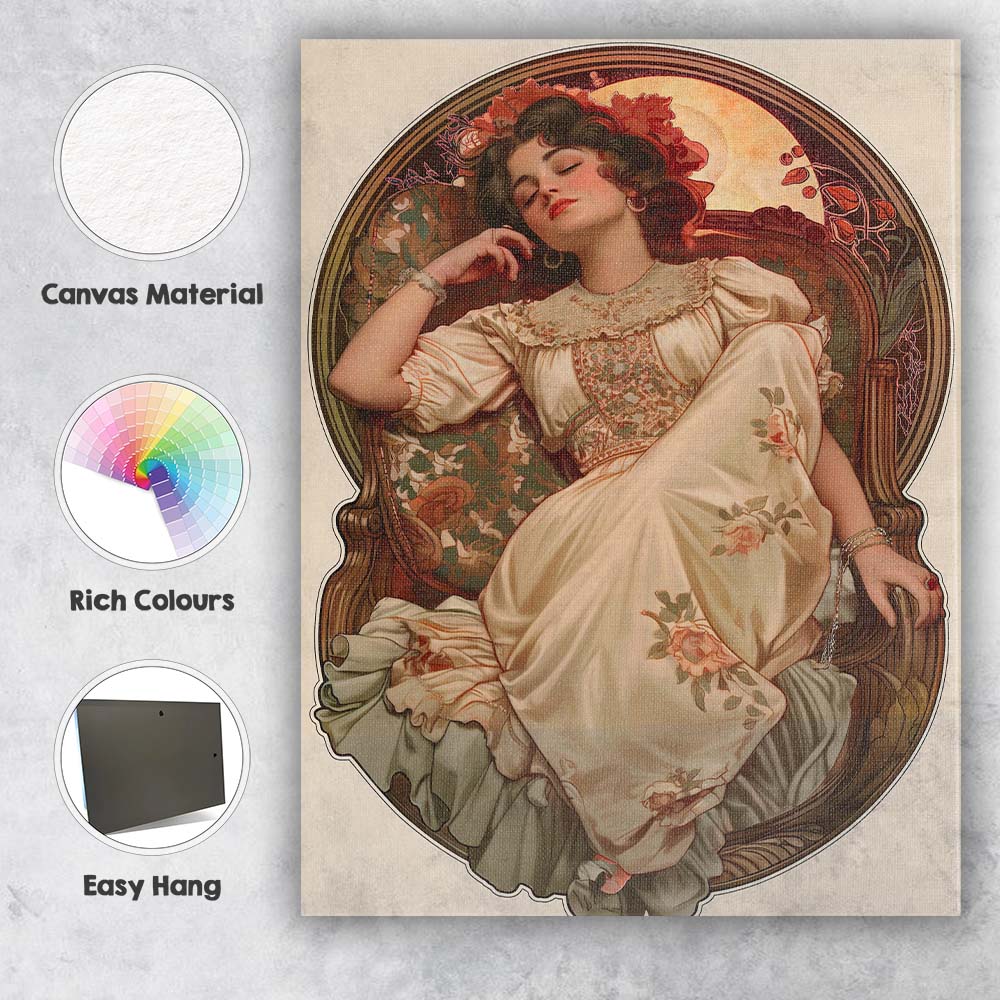 Romantic Sleeping Lady Floral Dress Art Nouveau Illustration Canvas Wall Art Print Decor Picture Ready to Hang