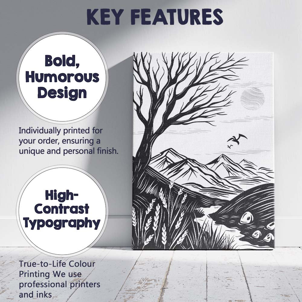 Black White Mountain Landscape Linocut Style Tree Nature Illustration Canvas Wall Art Print Decor Picture Ready to Hang
