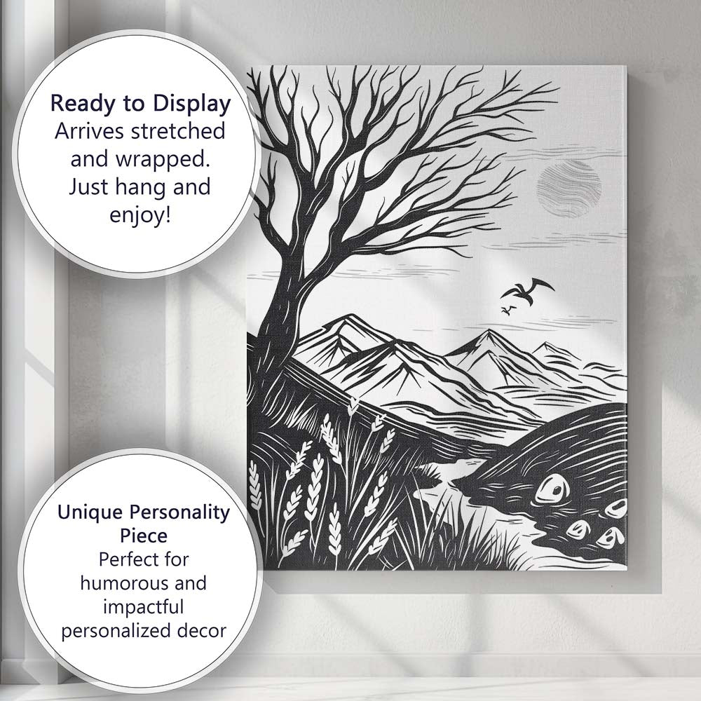 Black White Mountain Landscape Linocut Style Tree Nature Illustration Canvas Wall Art Print Decor Picture Ready to Hang