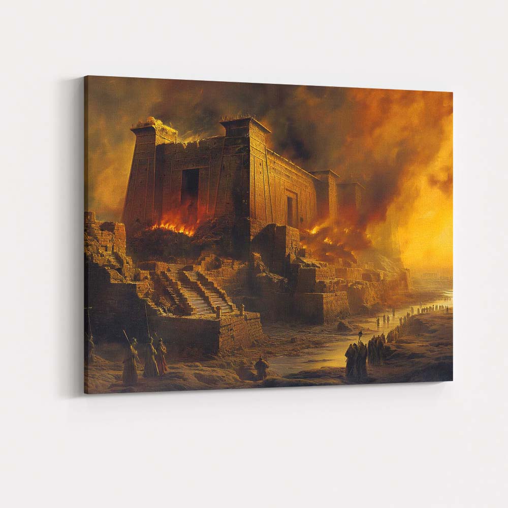 Ancient Temple in Flames Epic Historical Ruins Landscape Canvas Wall Art Print Decor Picture Ready to Hang