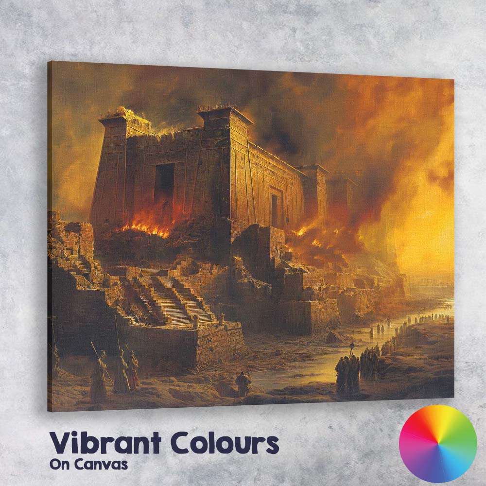 Ancient Temple in Flames Epic Historical Ruins Landscape Canvas Wall Art Print Decor Picture Ready to Hang