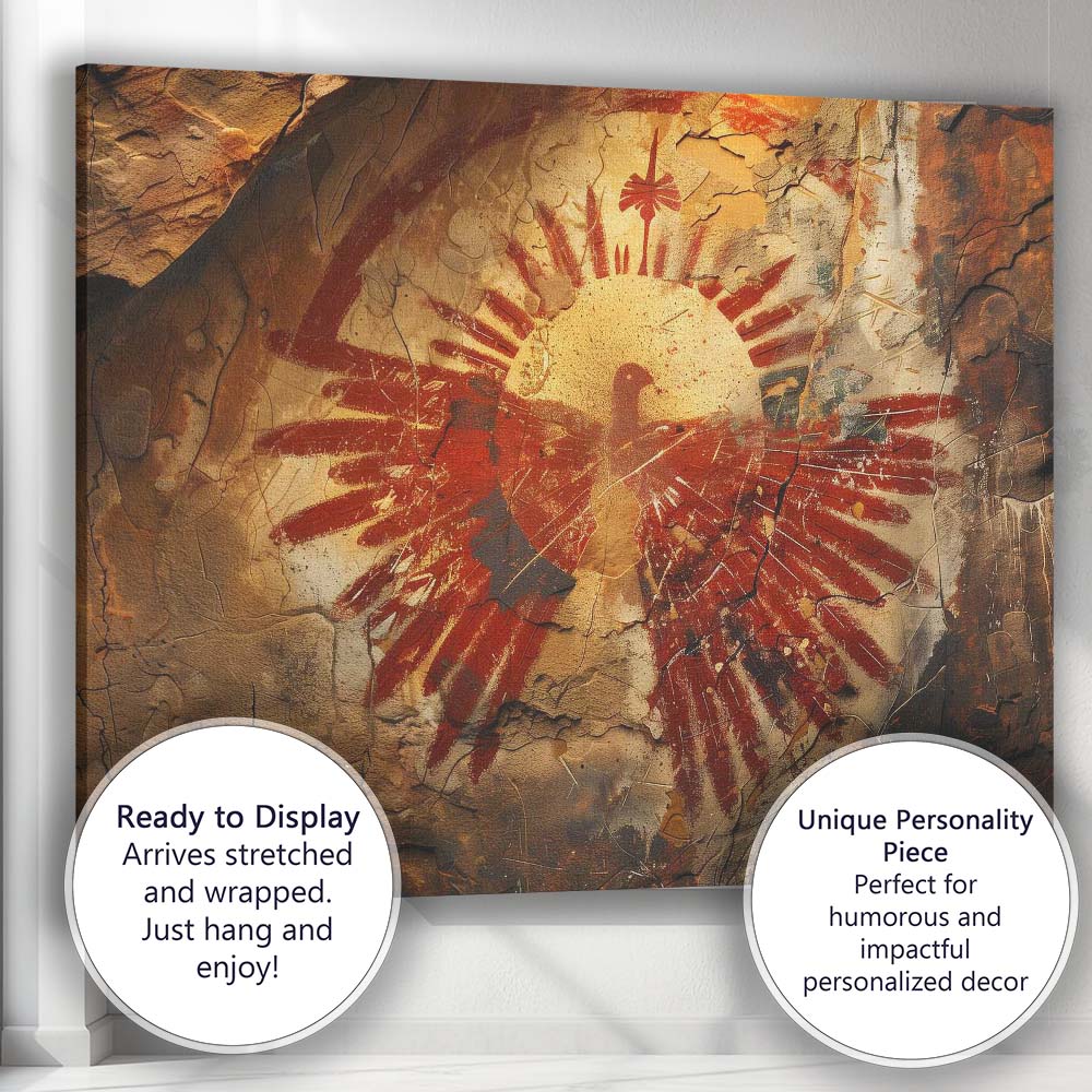 Prehistoric Cave Art Sun Bird Tribal Rock Painting Canvas Wall Art Print Decor Picture Ready to Hang