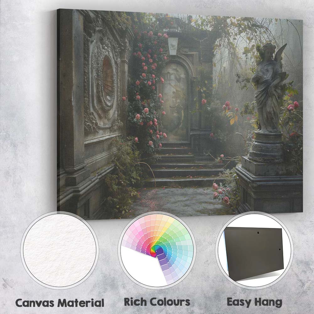 Enchanted Rose Garden Angel Statue Secret Courtyard Gothic Romance Canvas Wall Art Print Decor Picture Ready to Hang
