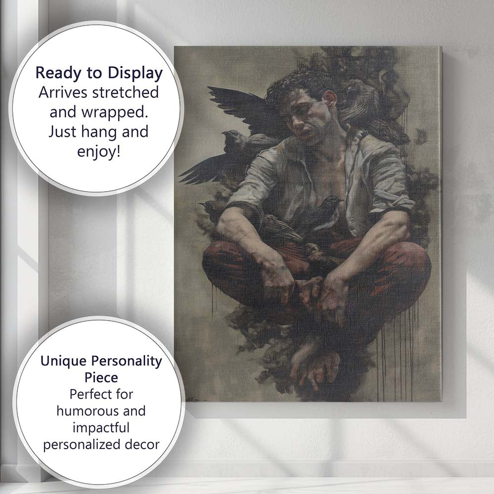 Dark Moody Man With Black Ravens Gothic Surreal Portrait Canvas Wall Art Print Decor Picture Ready to Hang