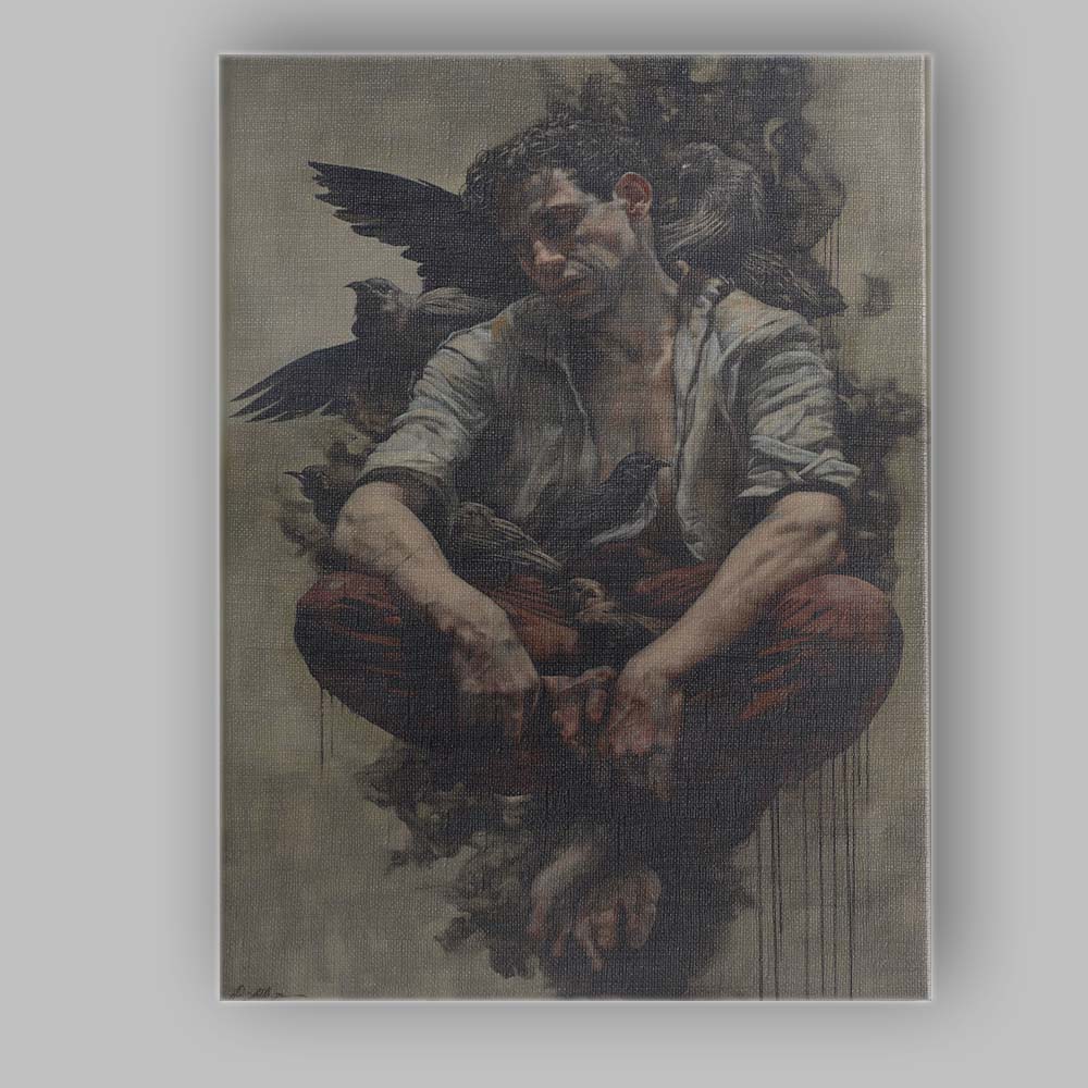 Dark Moody Man With Black Ravens Gothic Surreal Portrait Canvas Wall Art Print Decor Picture Ready to Hang