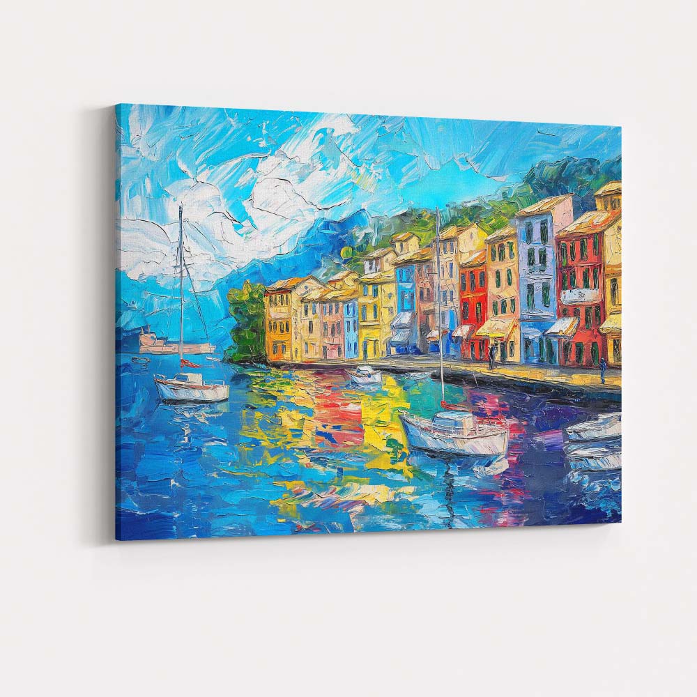 Colourful Mediterranean Harbour Impasto Coastal Village Landscape Painting Canvas Wall Art Print Decor Picture Ready to Hang