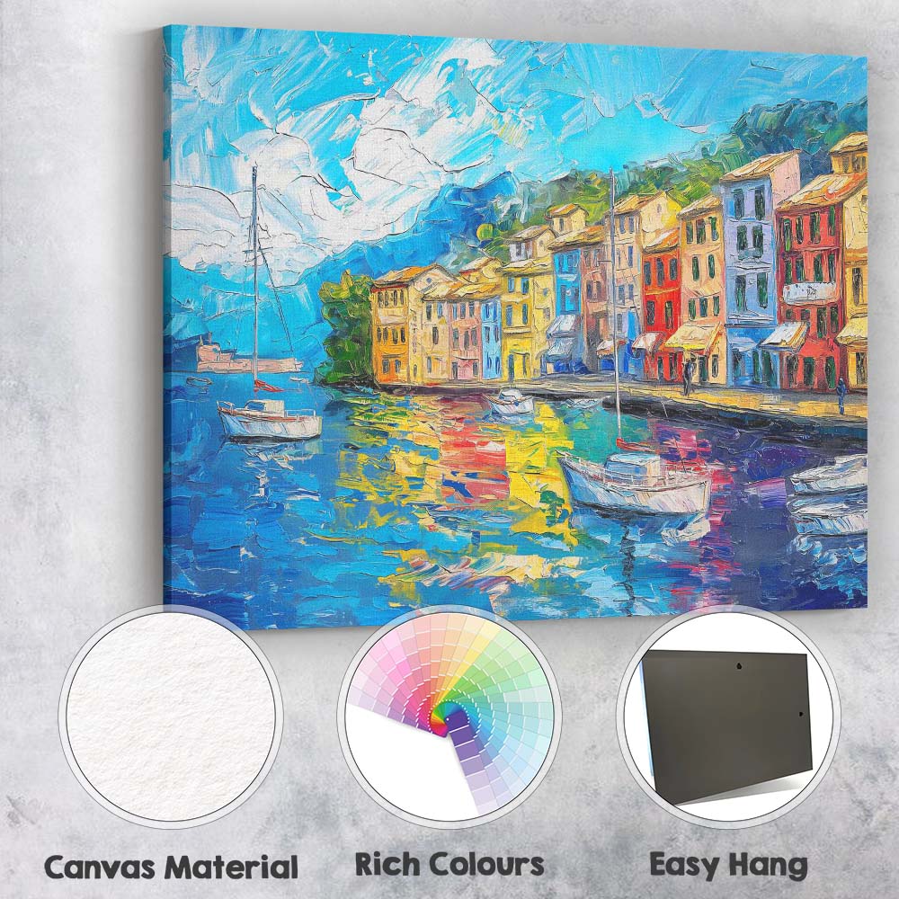 Colourful Mediterranean Harbour Impasto Coastal Village Landscape Painting Canvas Wall Art Print Decor Picture Ready to Hang