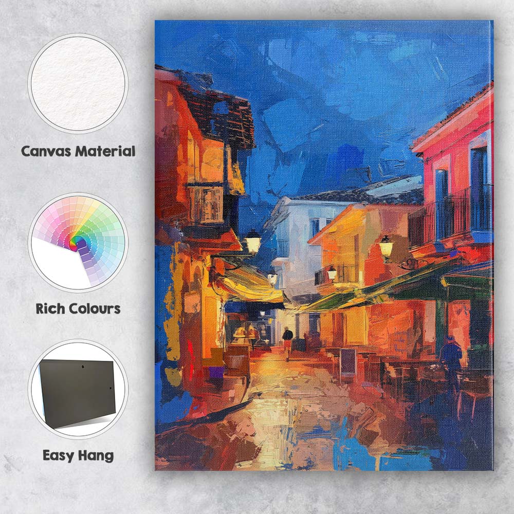 Vibrant Mediterranean Old Town Night Street Impasto Cityscape Canvas Wall Art Print Decor Picture Ready to Hang