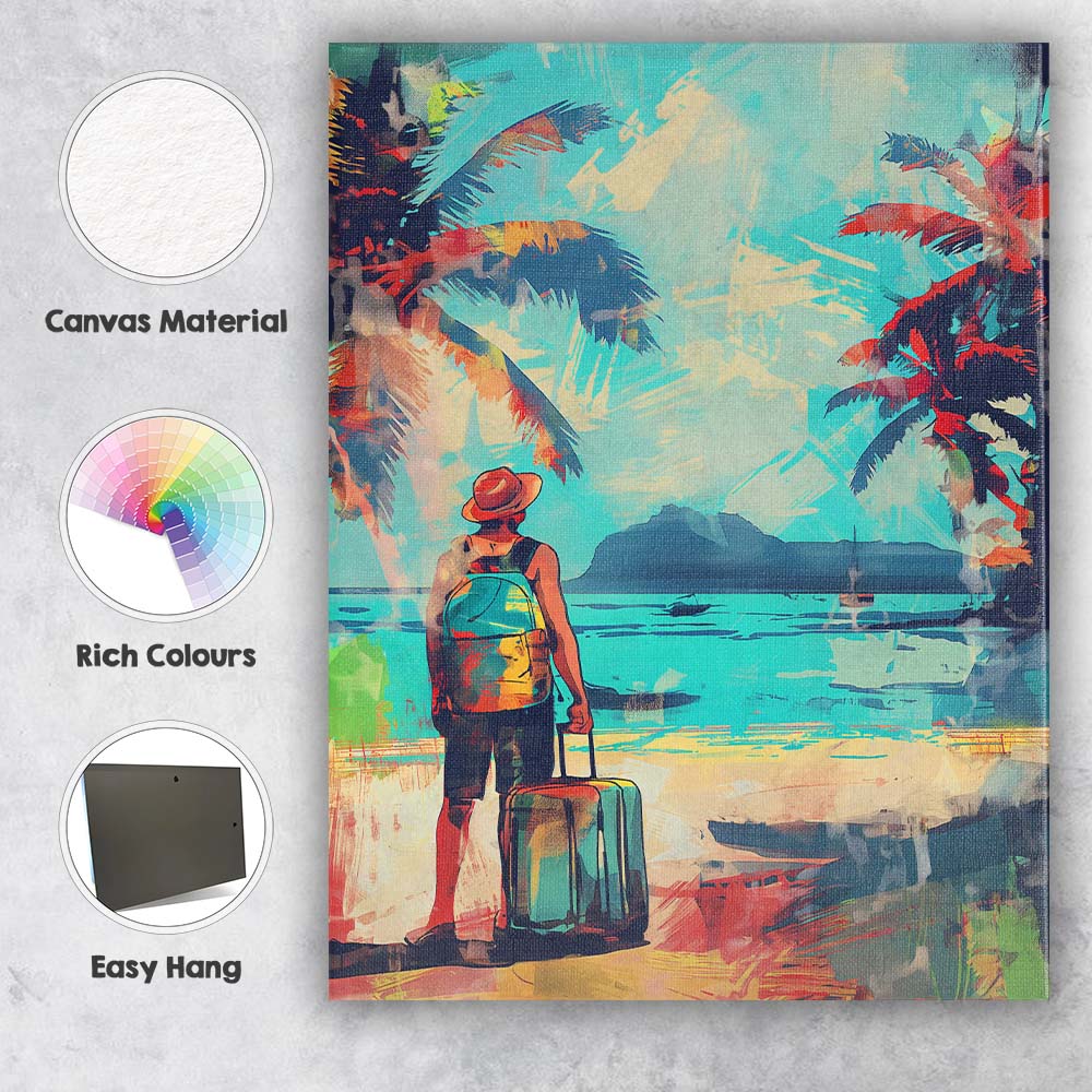 Tropical Beach Traveller Palm Tree Holiday Illustration Canvas Wall Art Print Decor Picture Ready to Hang
