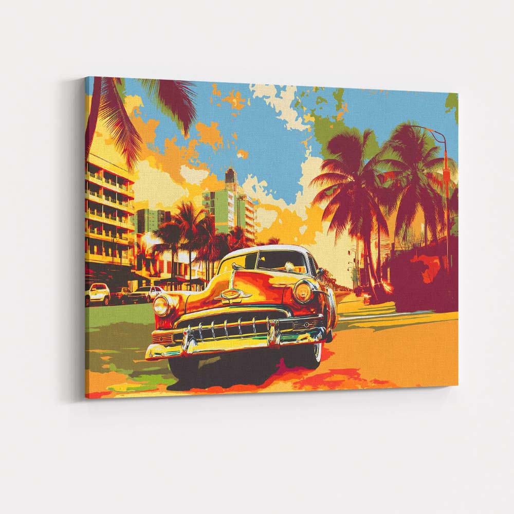 Tropical Palm Tree Boulevard Classic American Car Pop Art Canvas Wall Art Print Decor Picture Ready to Hang