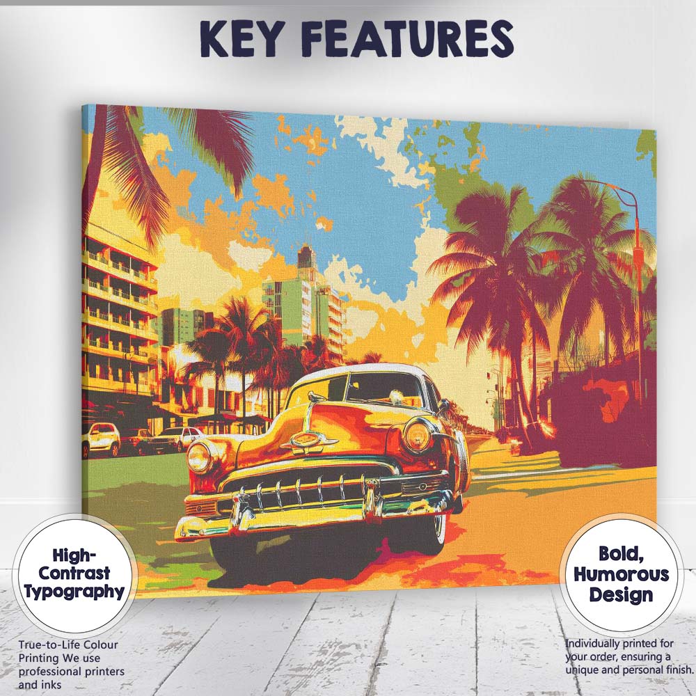 Tropical Palm Tree Boulevard Classic American Car Pop Art Canvas Wall Art Print Decor Picture Ready to Hang