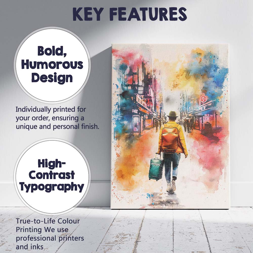Watercolour Urban Traveller With Backpack And Suitcase City Street Canvas Wall Art Print Decor Picture Ready to Hang