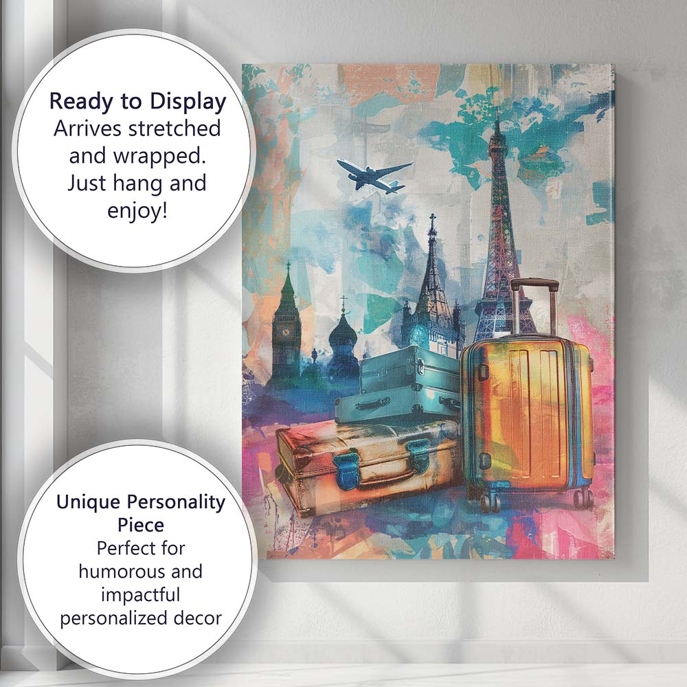 Colourful European Travel Landmarks Suitcase Collage Canvas Wall Art Print Decor Picture Ready to Hang