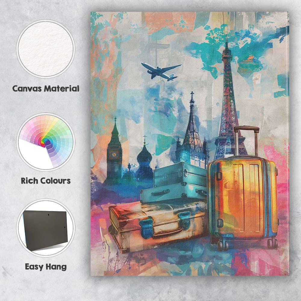 Colourful European Travel Landmarks Suitcase Collage Canvas Wall Art Print Decor Picture Ready to Hang