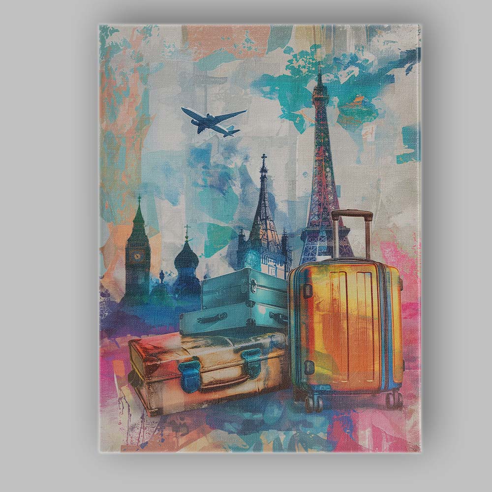 Colourful European Travel Landmarks Suitcase Collage Canvas Wall Art Print Decor Picture Ready to Hang