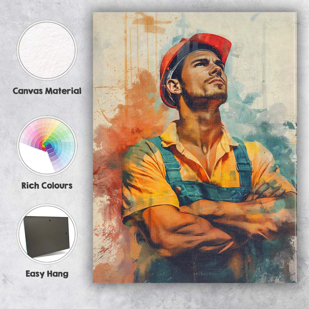 Confident Construction Worker Portrait Watercolour Industrial Artwork Canvas Wall Art Print Decor Picture Ready to Hang