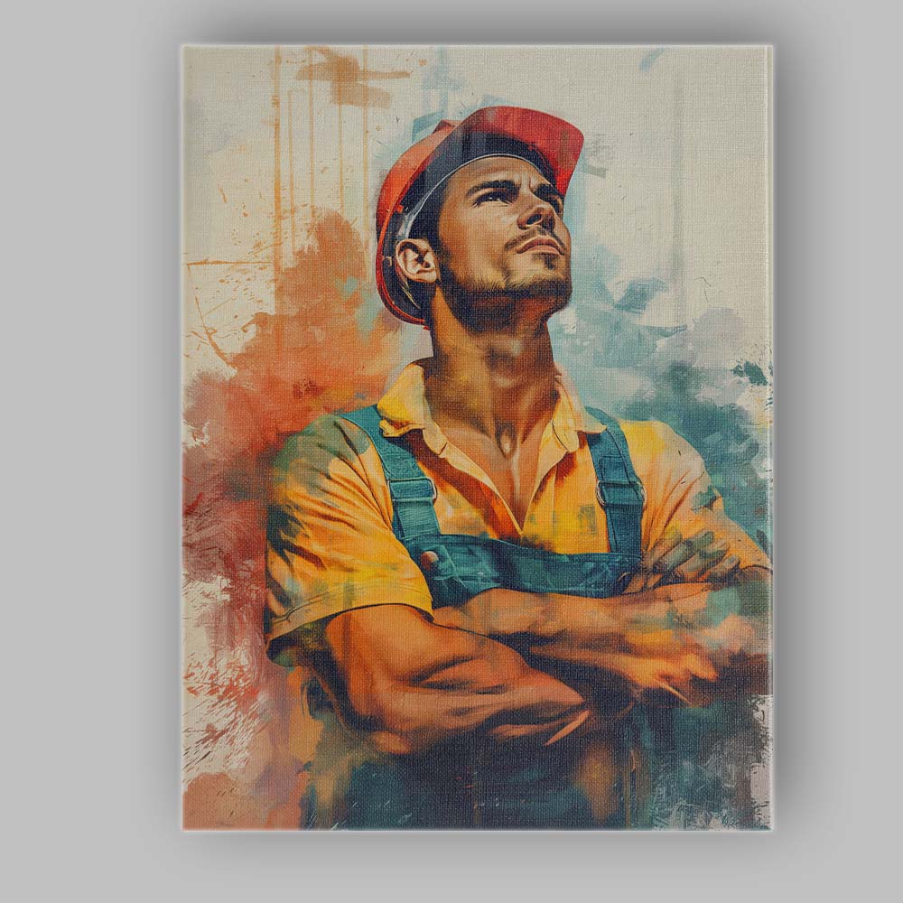 Confident Construction Worker Portrait Watercolour Industrial Artwork Canvas Wall Art Print Decor Picture Ready to Hang