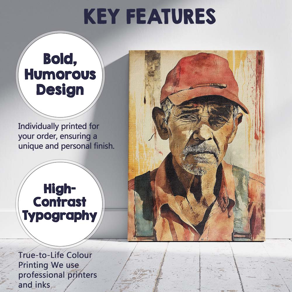 Elderly Labourer Portrait Rustic Watercolour Character Art Canvas Wall Art Print Decor Picture Ready to Hang
