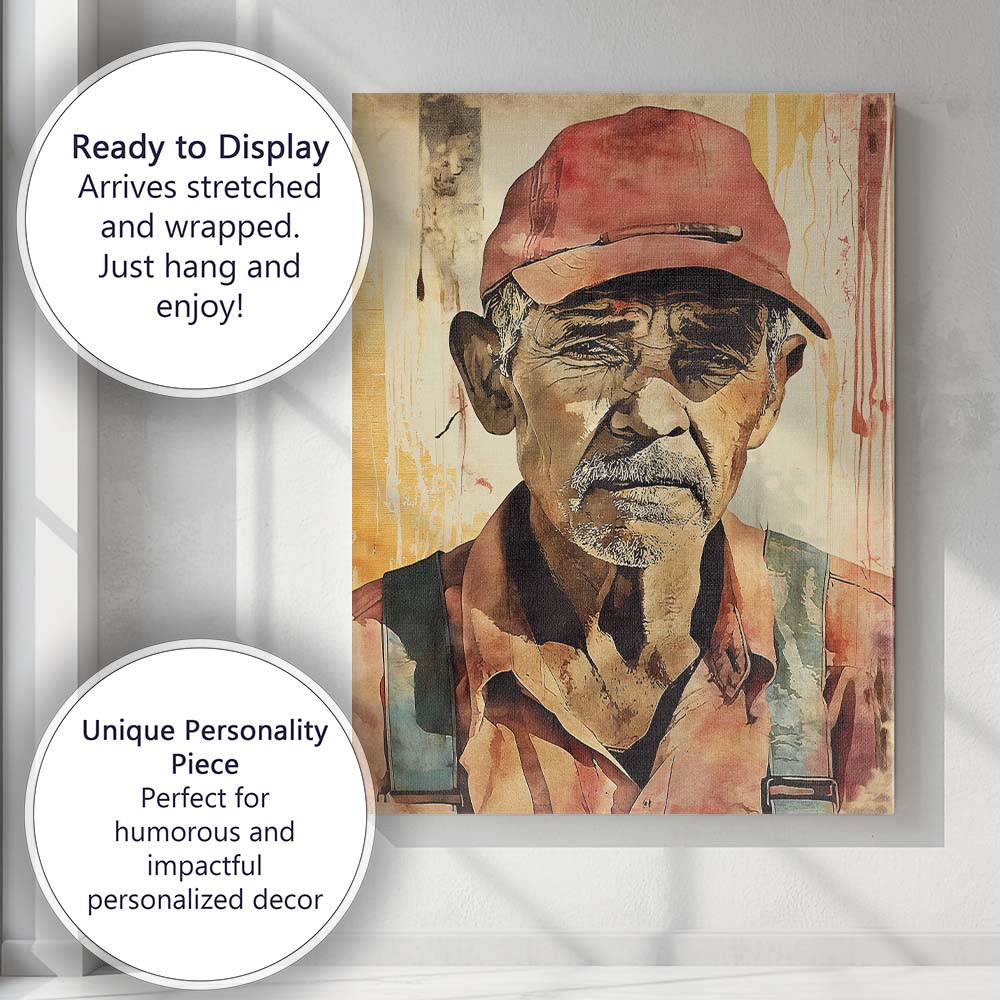 Elderly Labourer Portrait Rustic Watercolour Character Art Canvas Wall Art Print Decor Picture Ready to Hang