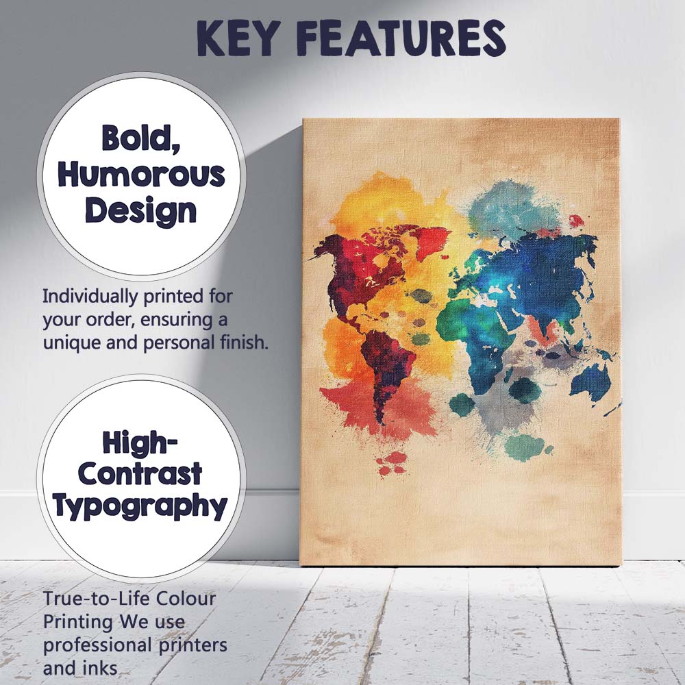 Colourful Abstract Watercolour World Map Contemporary Travel Art Canvas Wall Art Print Decor Picture Ready to Hang