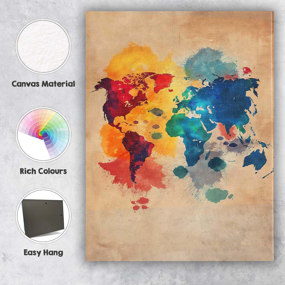Colourful Abstract Watercolour World Map Contemporary Travel Art Canvas Wall Art Print Decor Picture Ready to Hang