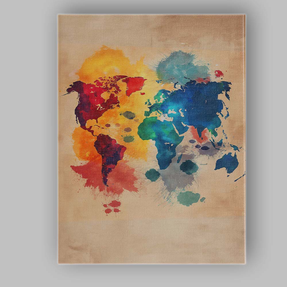 Colourful Abstract Watercolour World Map Contemporary Travel Art Canvas Wall Art Print Decor Picture Ready to Hang