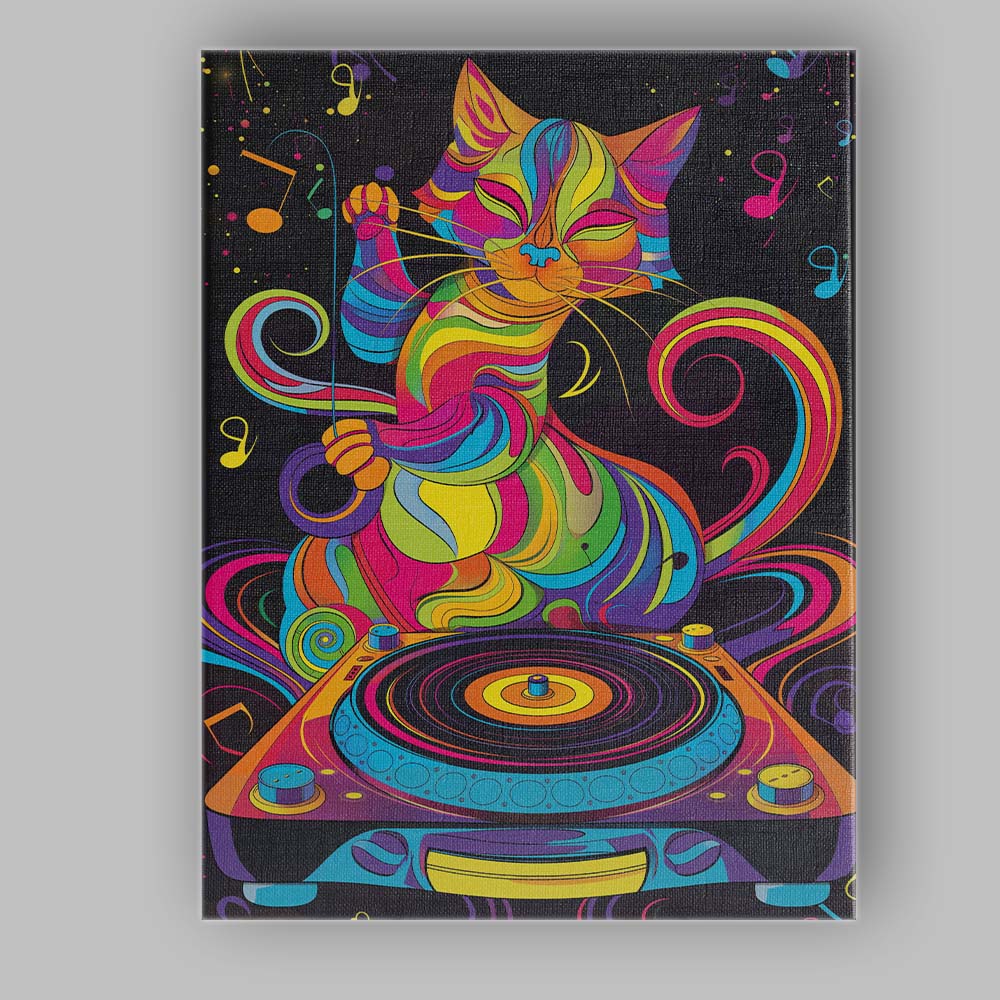 Rainbow Psychedelic DJ Cat Music Illustration Canvas Wall Art Print Decor Picture Ready to Hang
