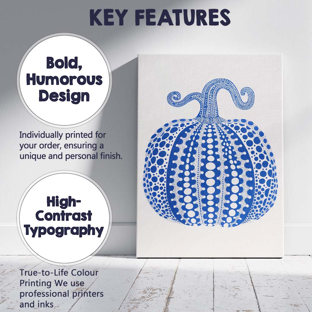 Blue White Dot Art Pumpkin Botanical Illustration Canvas Wall Art Print Decor Picture Ready to Hang
