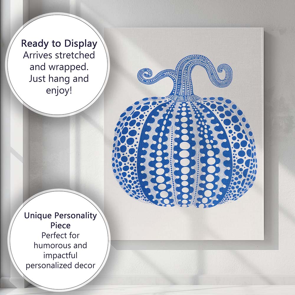 Blue White Dot Art Pumpkin Botanical Illustration Canvas Wall Art Print Decor Picture Ready to Hang