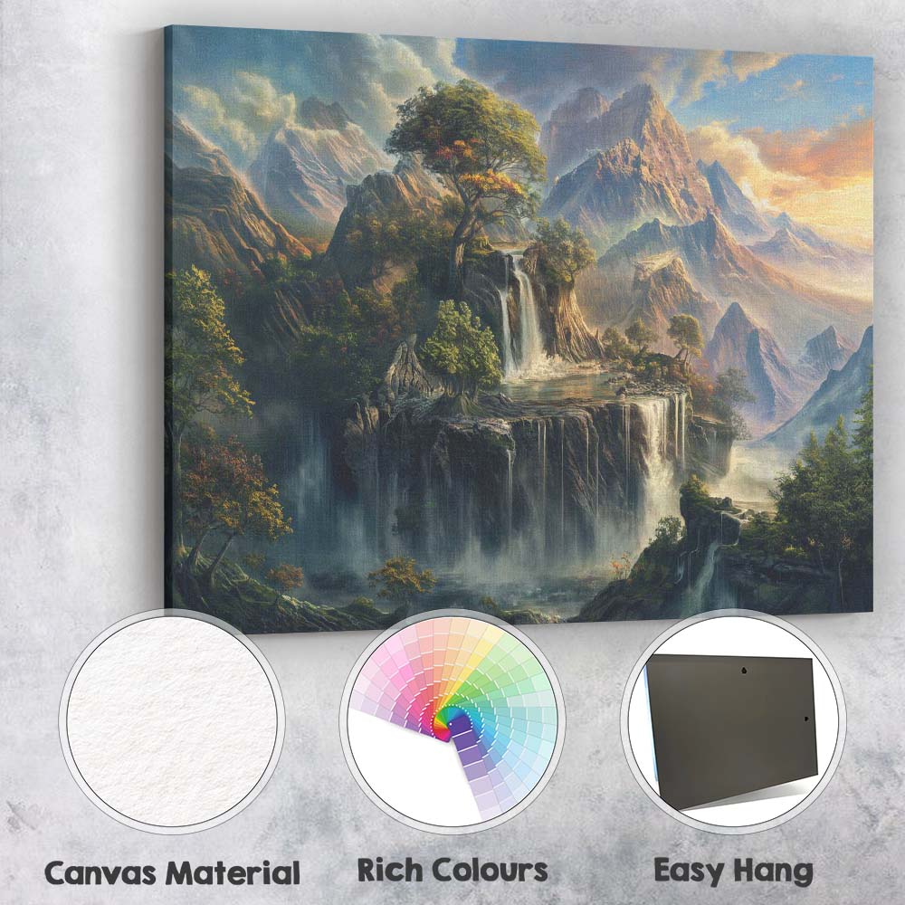 Majestic Mountain Waterfall Landscape Fantasy Nature Painting Canvas Wall Art Print Decor Picture Ready to Hang