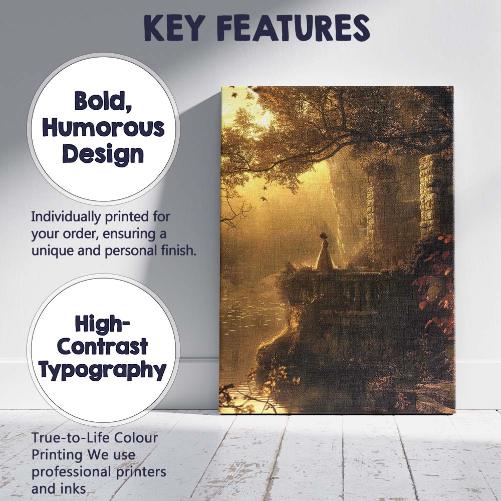 Golden Sunlit Forest Ruins Tranquil Lake Fantasy Landscape Canvas Wall Art Print Decor Picture Ready to Hang