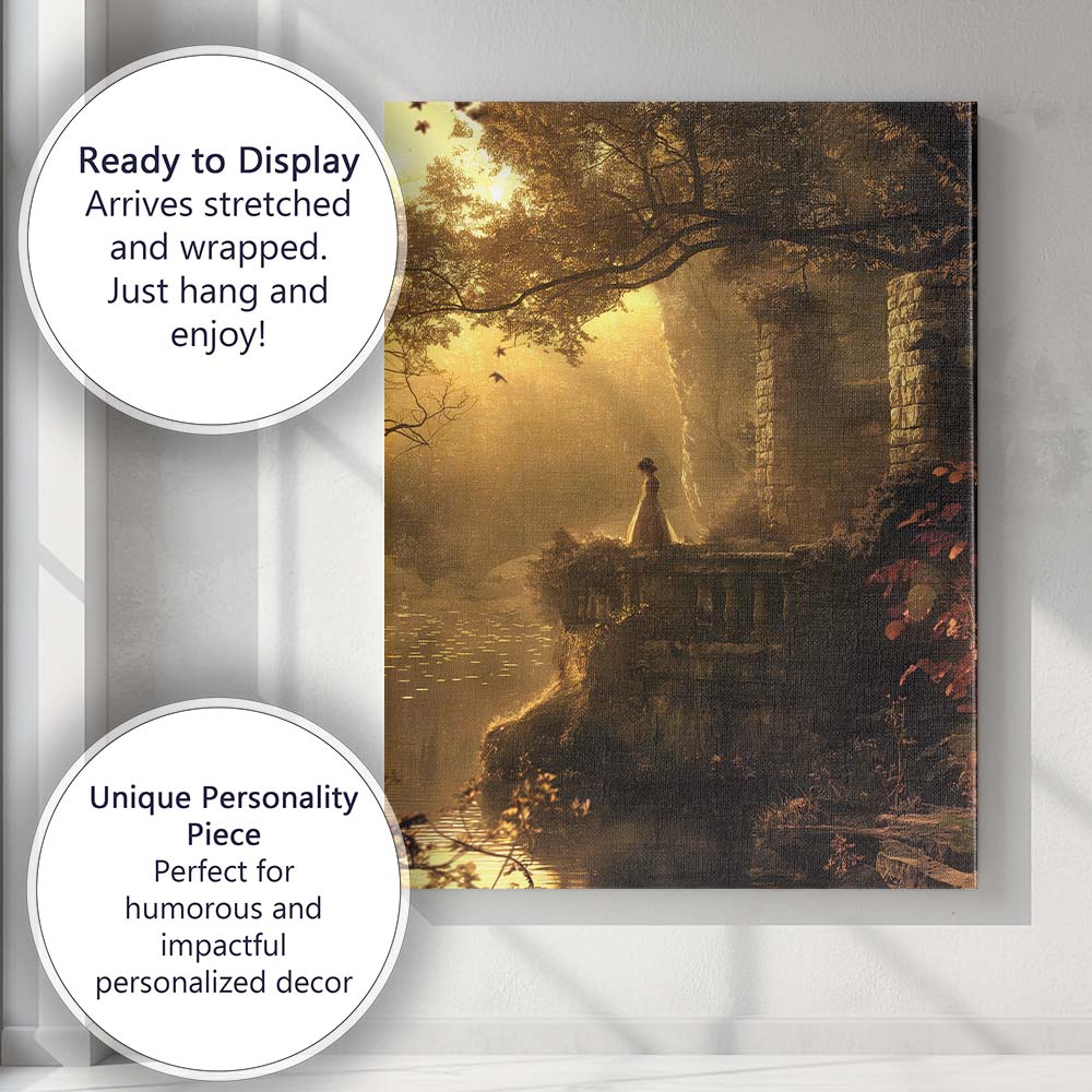Golden Sunlit Forest Ruins Tranquil Lake Fantasy Landscape Canvas Wall Art Print Decor Picture Ready to Hang