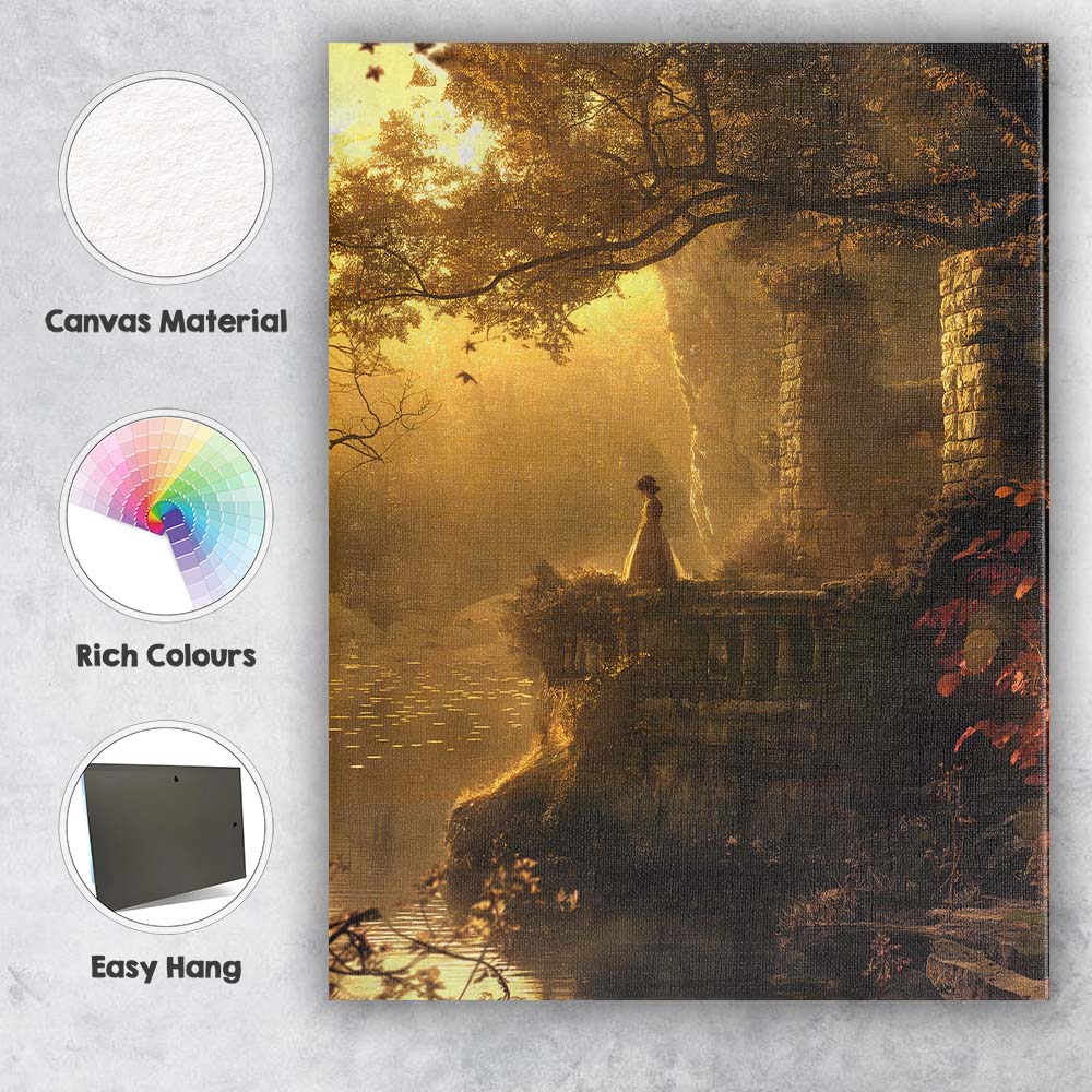 Golden Sunlit Forest Ruins Tranquil Lake Fantasy Landscape Canvas Wall Art Print Decor Picture Ready to Hang