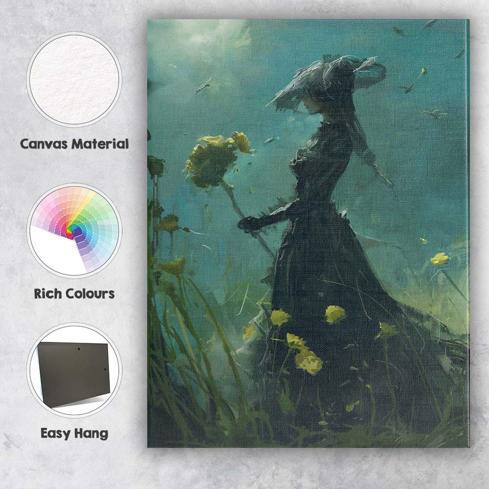 Moody Victorian Lady Wildflower Meadow Impressionist Portrait Canvas Wall Art Print Decor Picture Ready to Hang