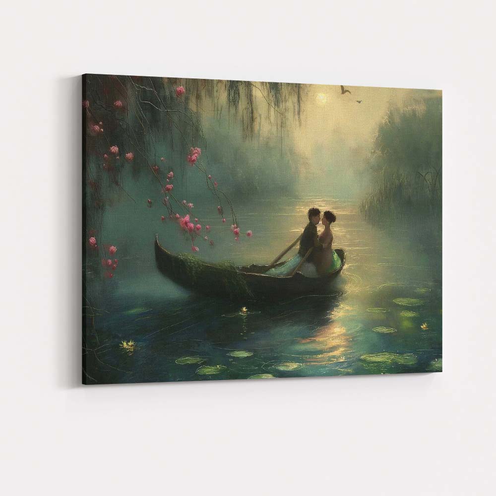 Moonlit Romantic Boat Couple Misty Lake Landscape Canvas Wall Art Print Decor Picture Ready to Hang