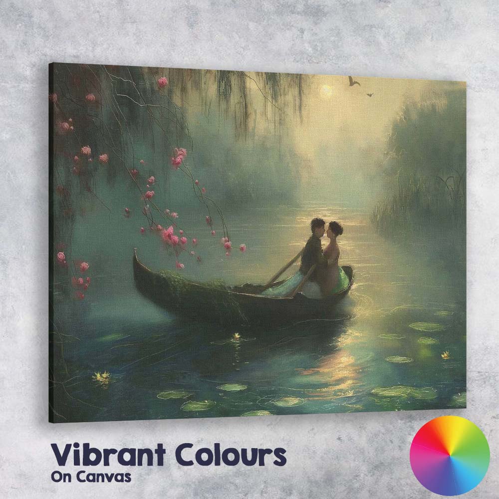 Moonlit Romantic Boat Couple Misty Lake Landscape Canvas Wall Art Print Decor Picture Ready to Hang