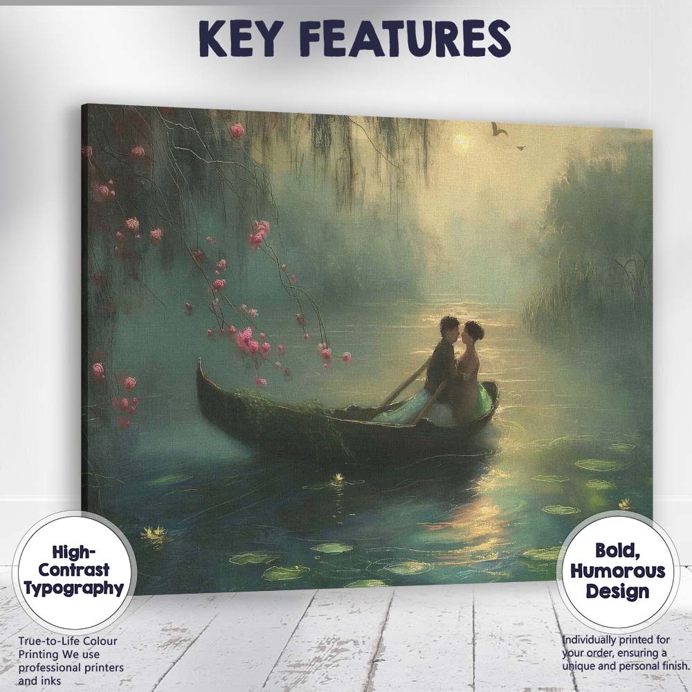 Moonlit Romantic Boat Couple Misty Lake Landscape Canvas Wall Art Print Decor Picture Ready to Hang