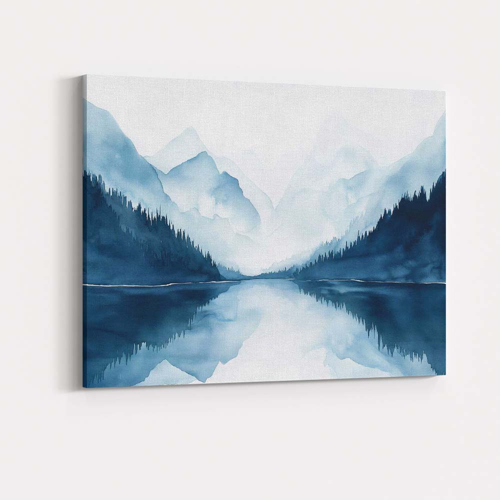 Misty Blue Mountain Lake Reflection Watercolour Landscape Canvas Wall Art Print Decor Picture Ready to Hang