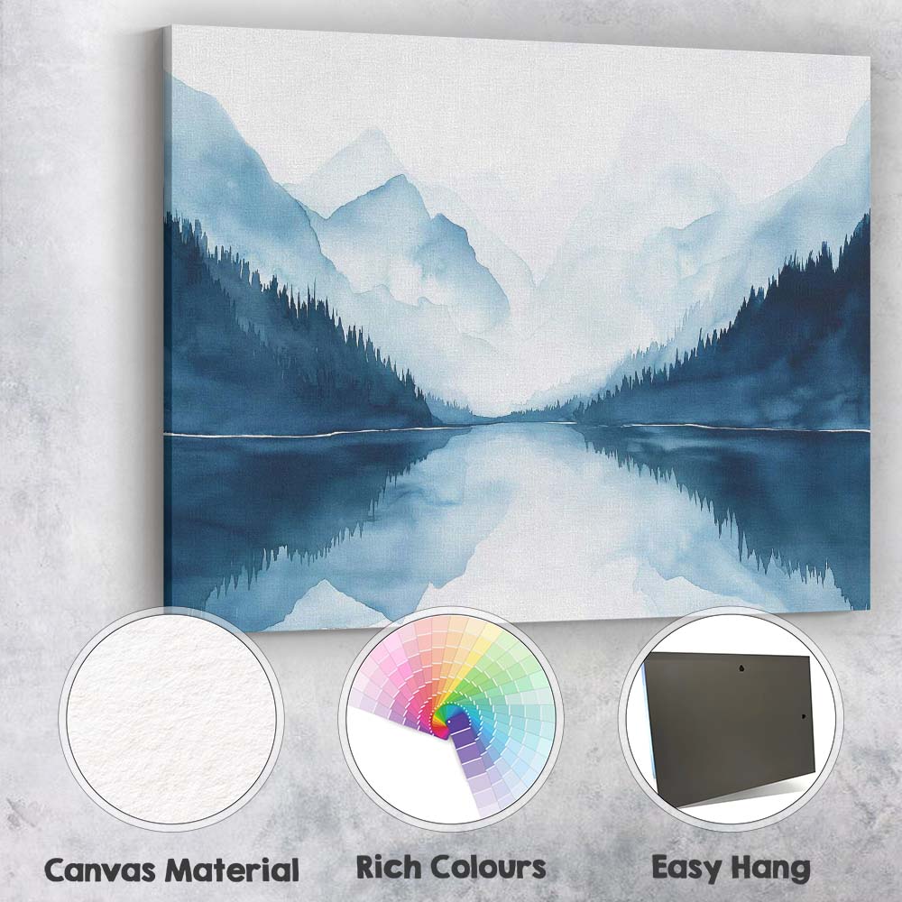 Misty Blue Mountain Lake Reflection Watercolour Landscape Canvas Wall Art Print Decor Picture Ready to Hang