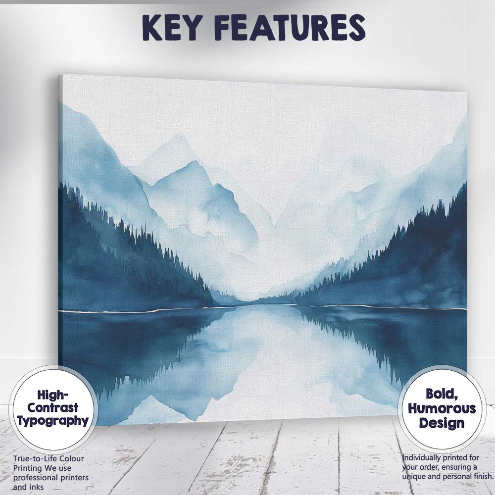 Misty Blue Mountain Lake Reflection Watercolour Landscape Canvas Wall Art Print Decor Picture Ready to Hang