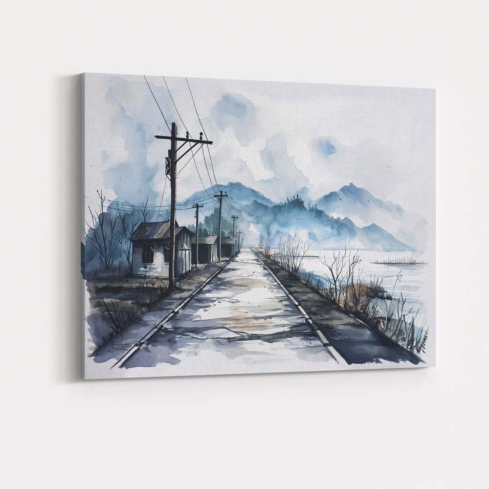 Rustic Lakeside Road Watercolour Village Landscape Canvas Wall Art Print Decor Picture Ready to Hang